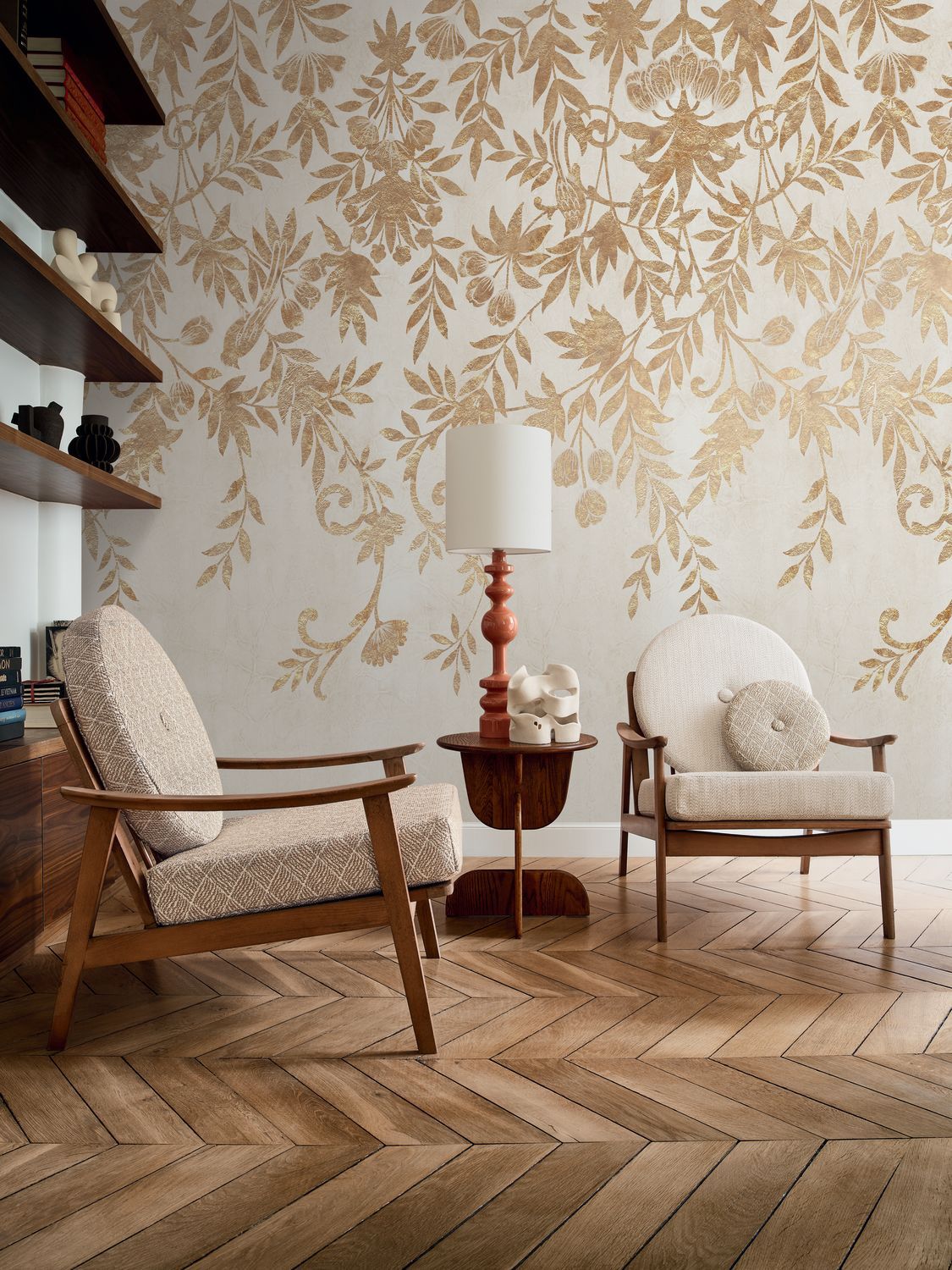 Mural with a plant motif of JARDIN DE DIANE leaves in gray-blue with gold