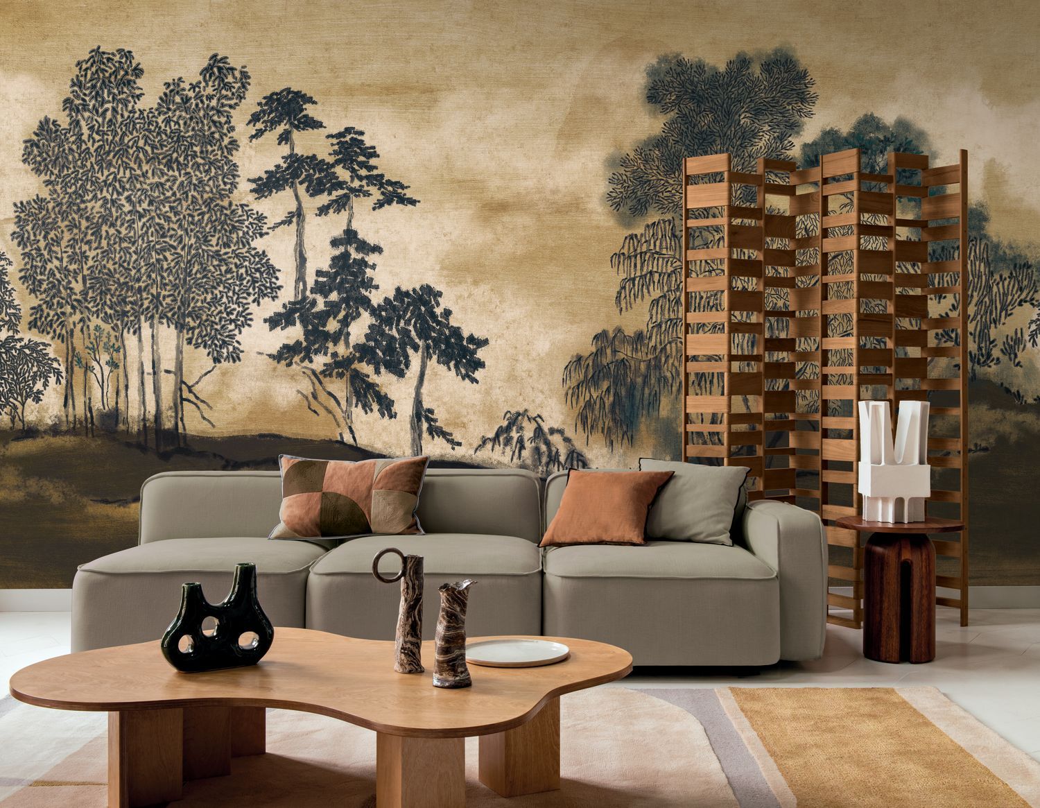 Wandbild mit Landschaft eines japanischen Gartens KORAKU beige