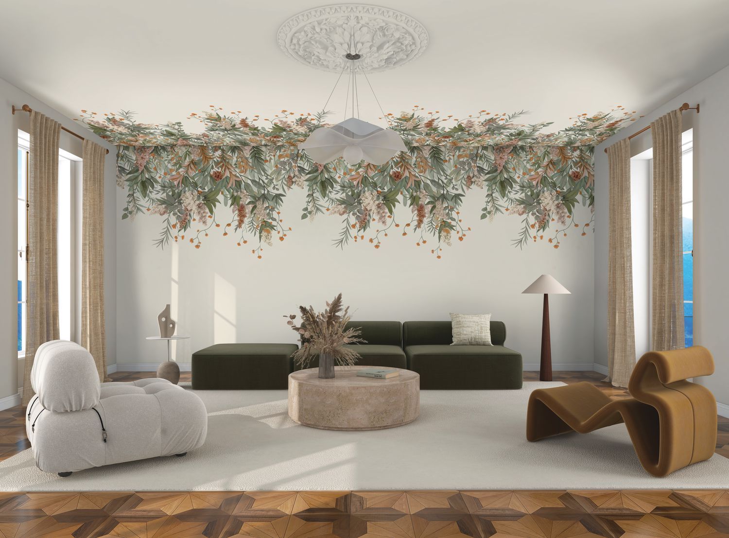 Mural with a plant motif of WISTERIA leaves in green and powder pink