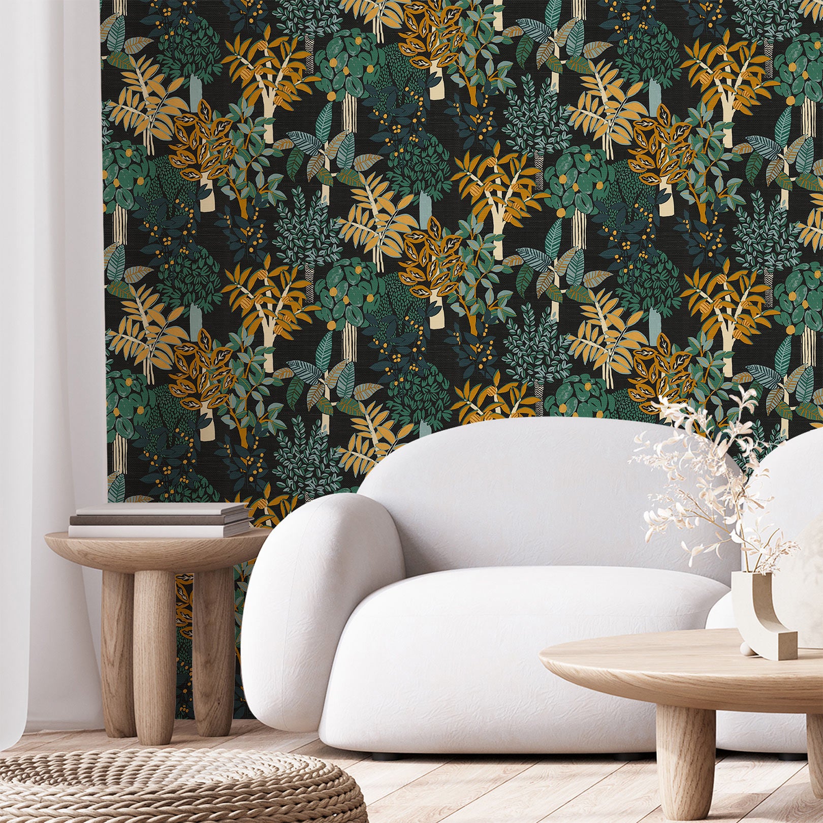 Structural wallpaper with a botanical motif PERADENIYA - NOIR/MULTICO black with green and orange