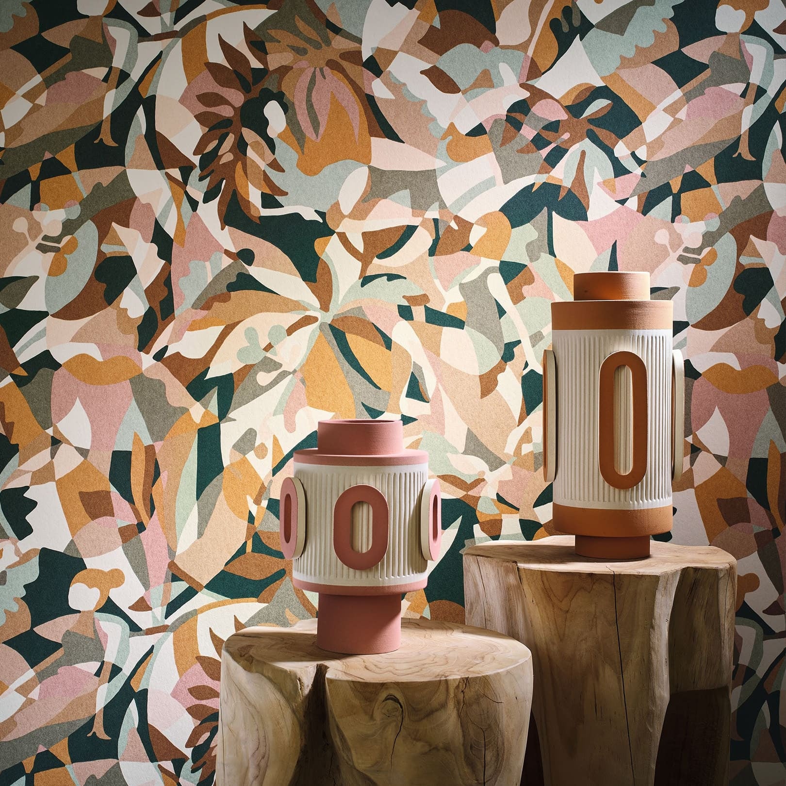 Abstract wallpaper with a botanical pattern PLONGEON - CÉLADON/AMBRE mint green with gold