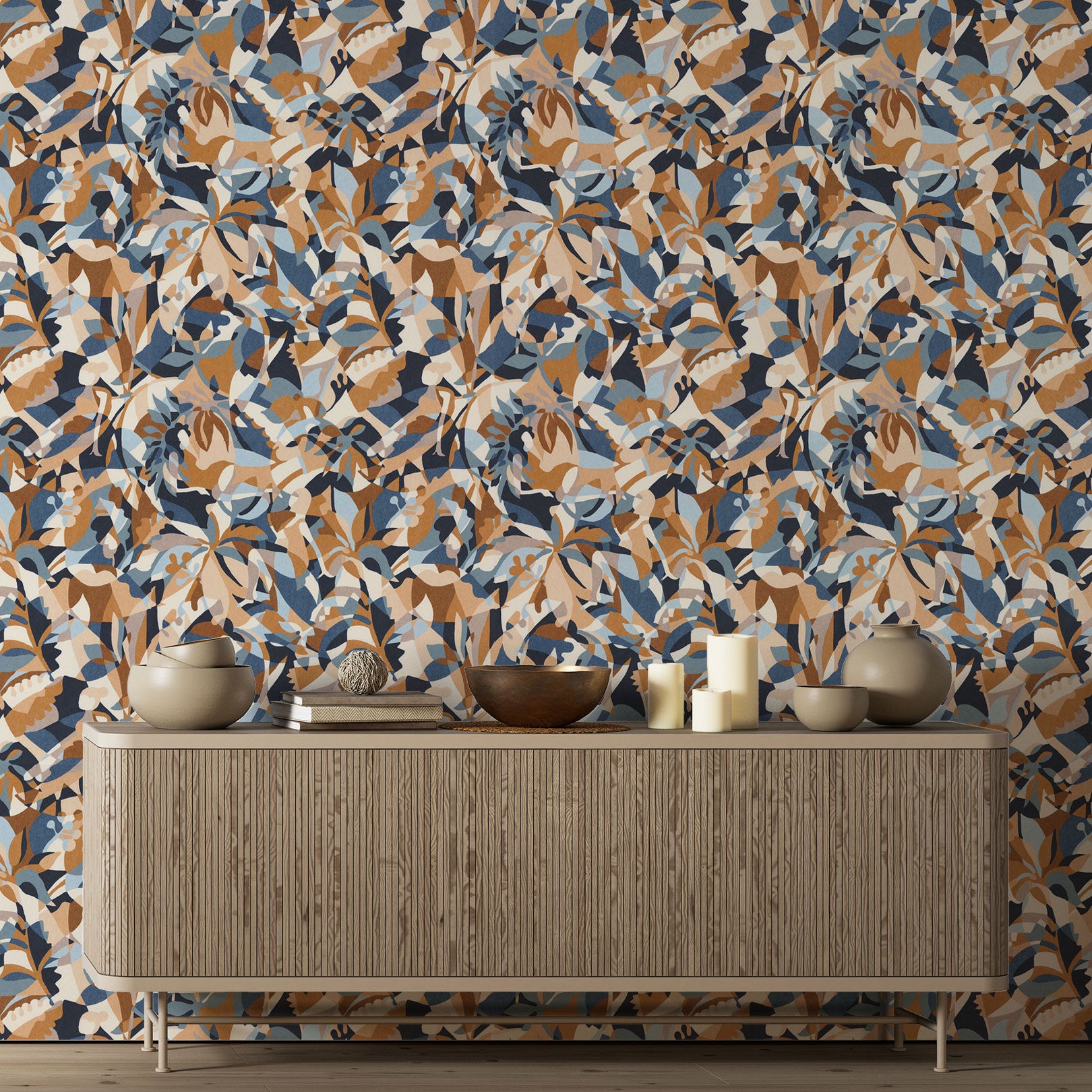 Abstract patterned wallpaper with a botanical motif PLONGEON - BLEU PERSAN/AMBRE blue with honey