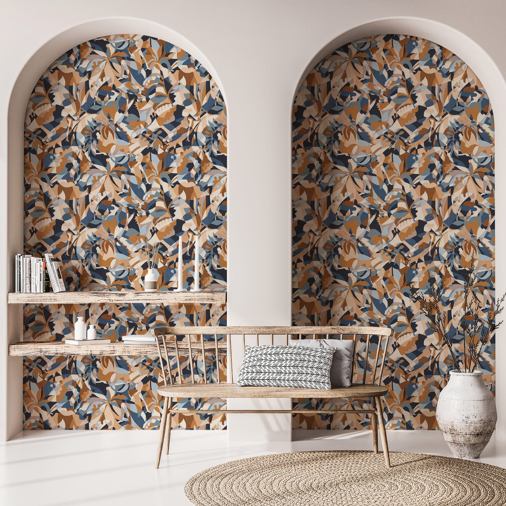 Abstract patterned wallpaper with a botanical motif PLONGEON - BLEU PERSAN/AMBRE blue with honey