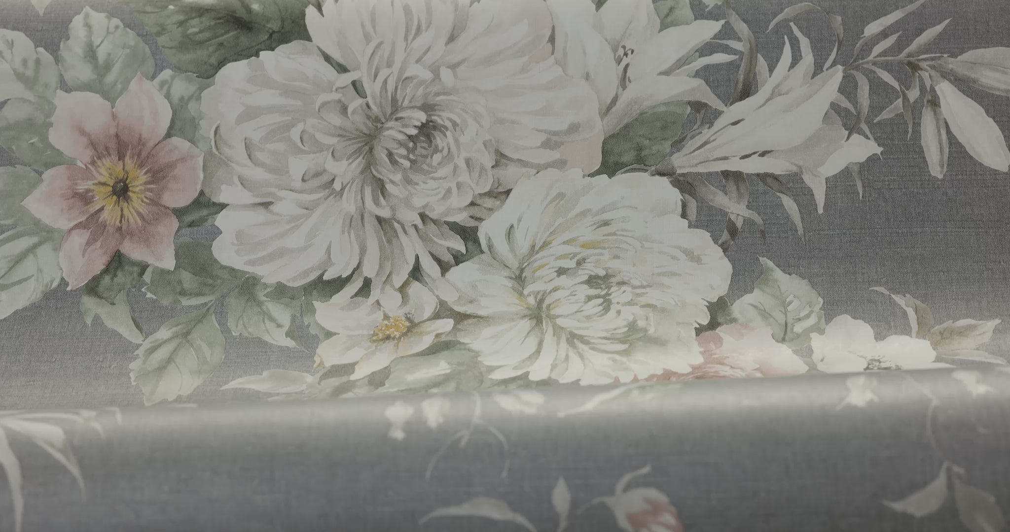 Non-woven paper wallpaper with a floral pattern FLORAL CHARM gray with white and pink