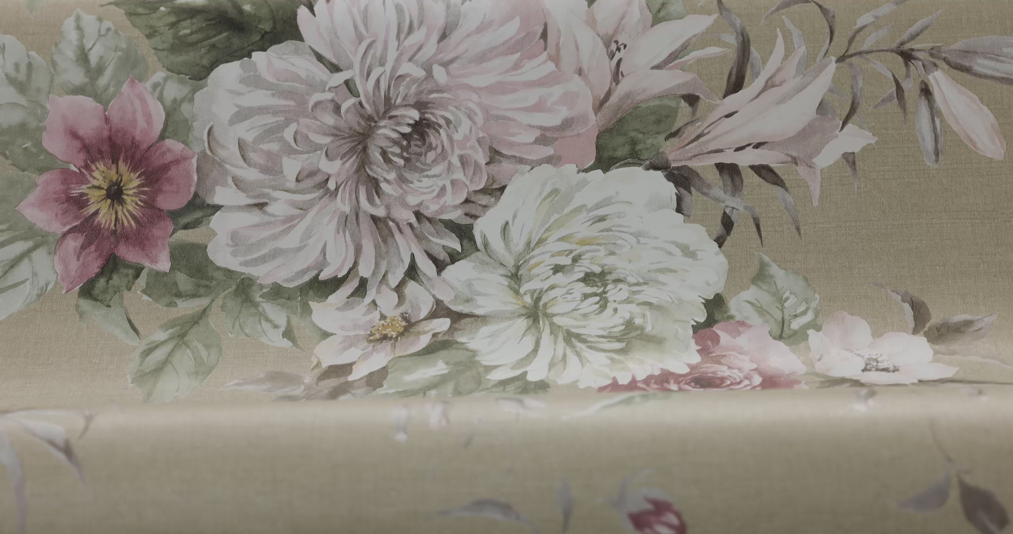 Non-woven paper wallpaper with a floral pattern FLORAL CHARM dark beige with pink and white