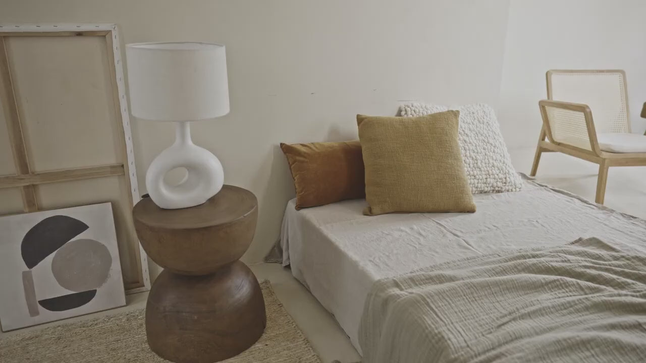 Soft Organic Linen Shape Shame lamp with a ceramic base