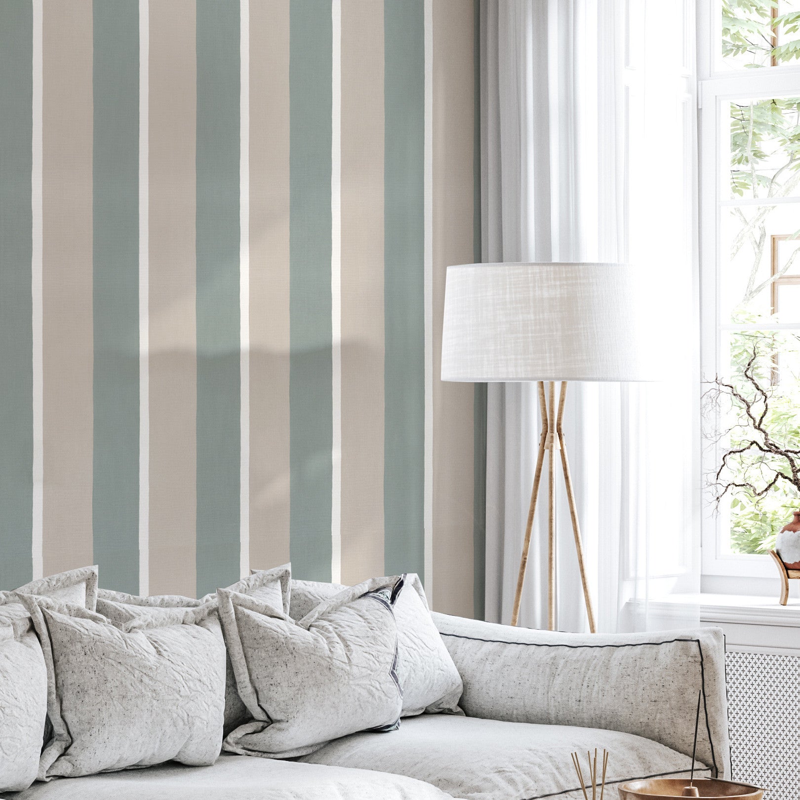 Strukturierte Tapete, die gestreiftes Leinen imitiert SINOPIA - GRÈGE/VERT DE GRIS grün mit braun