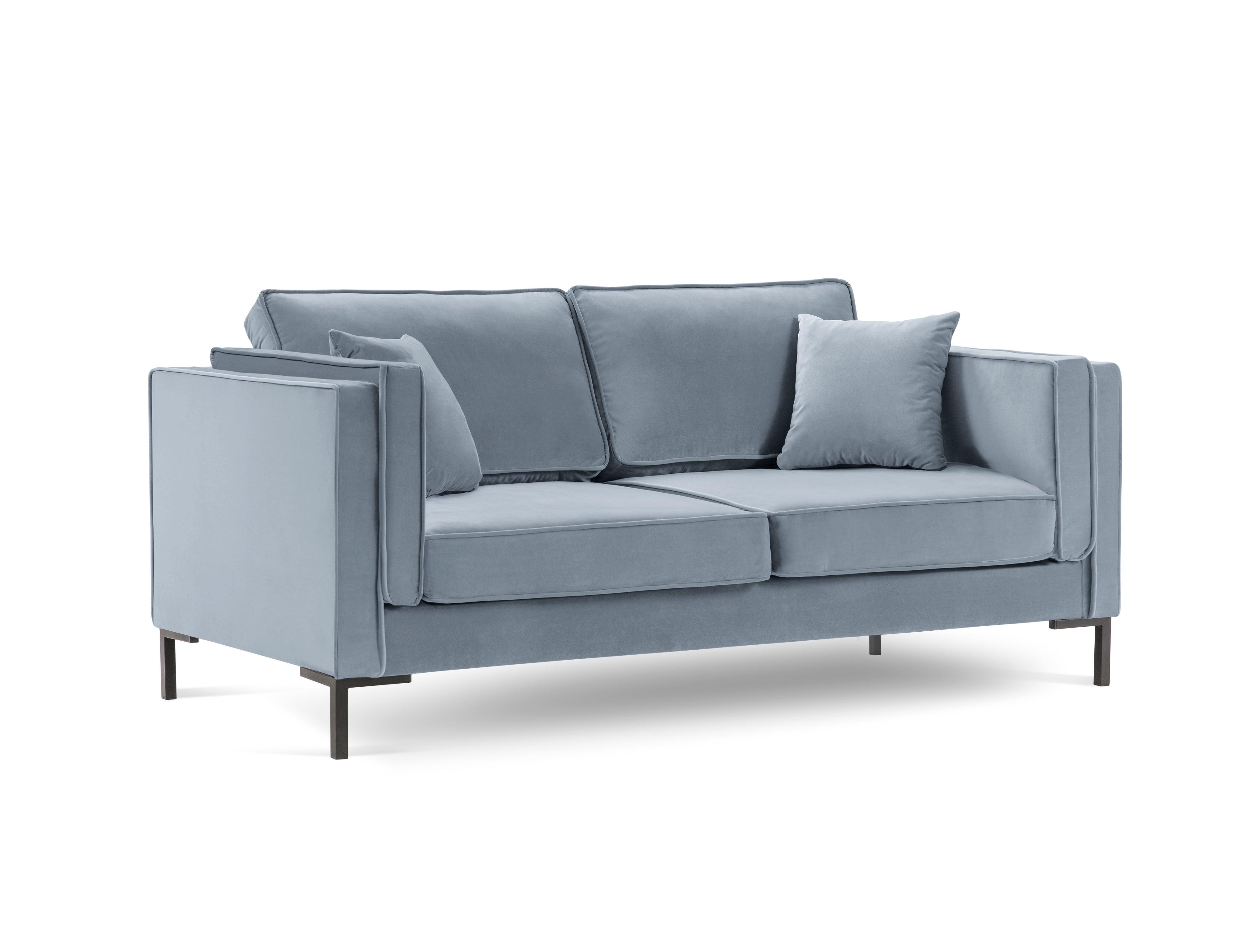 Sofa aksamitna 2-osobowa LUIS jasnoniebieski z czarną podstawą do salonu – Besolux