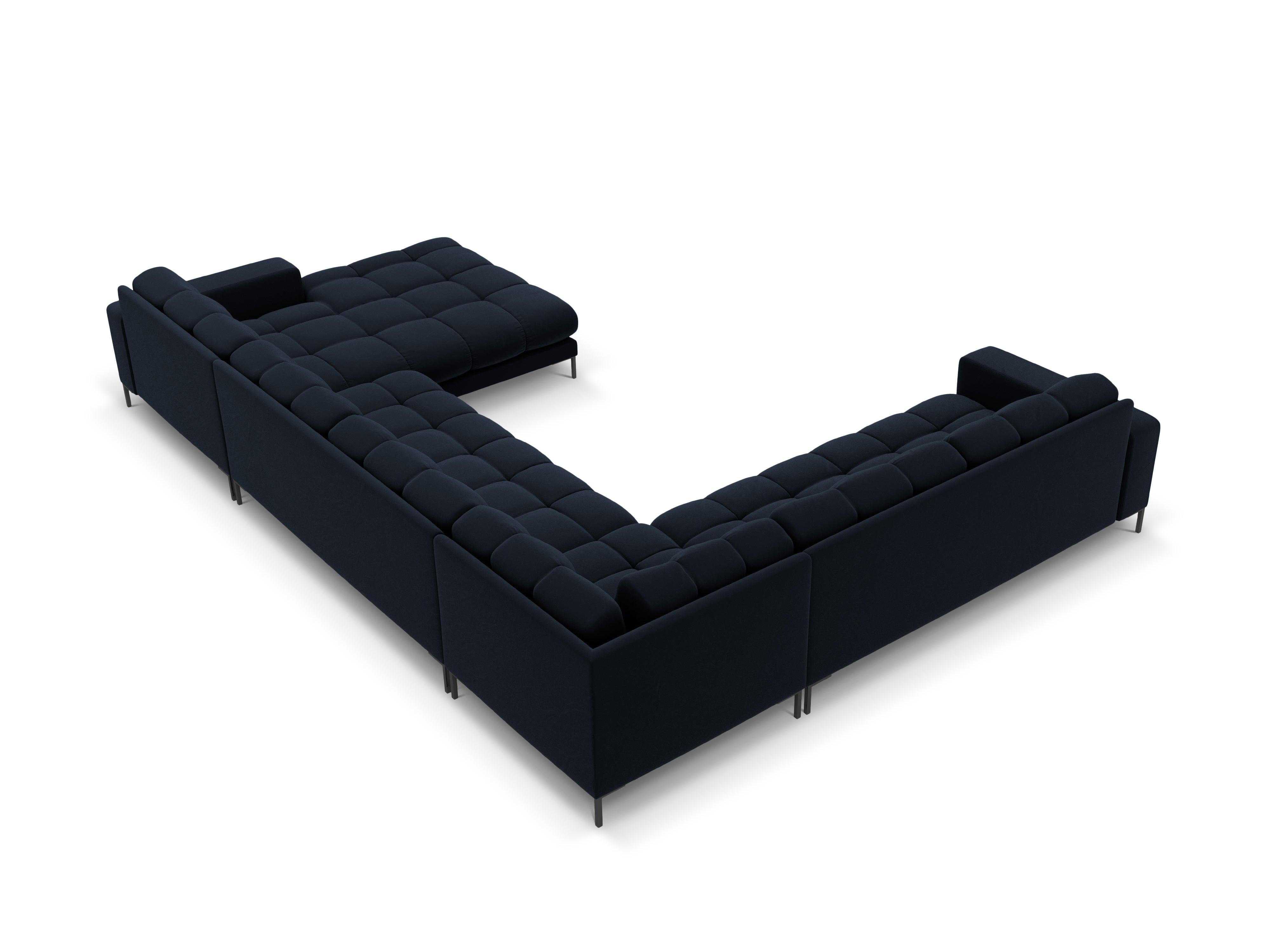 Sofa aksamitna panoramiczna lewostronna 7-osobowa BALI ciemnoniebieski z czarną podstawą – Cosmopolitan Design