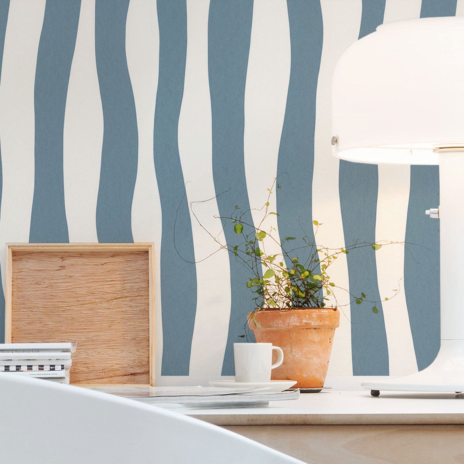 Structural wallpaper with an abstract wavy stripe pattern SUNDAE - BLEU PERSAN light blue