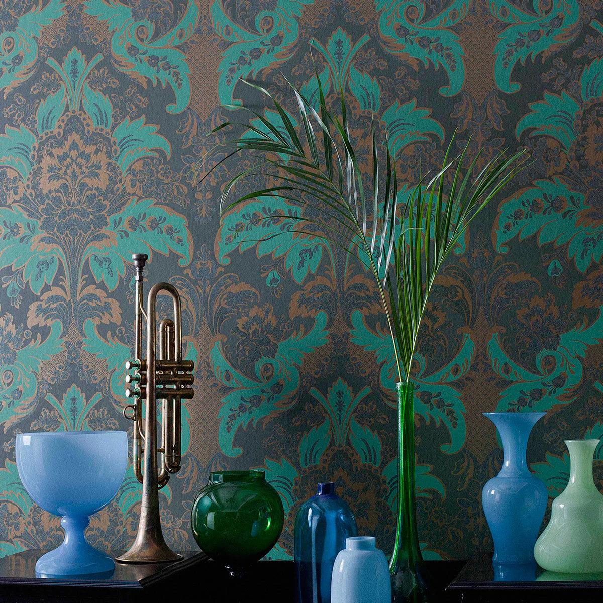 Metallic wallpaper with ornaments ALBEMARLE - Aldwych blue