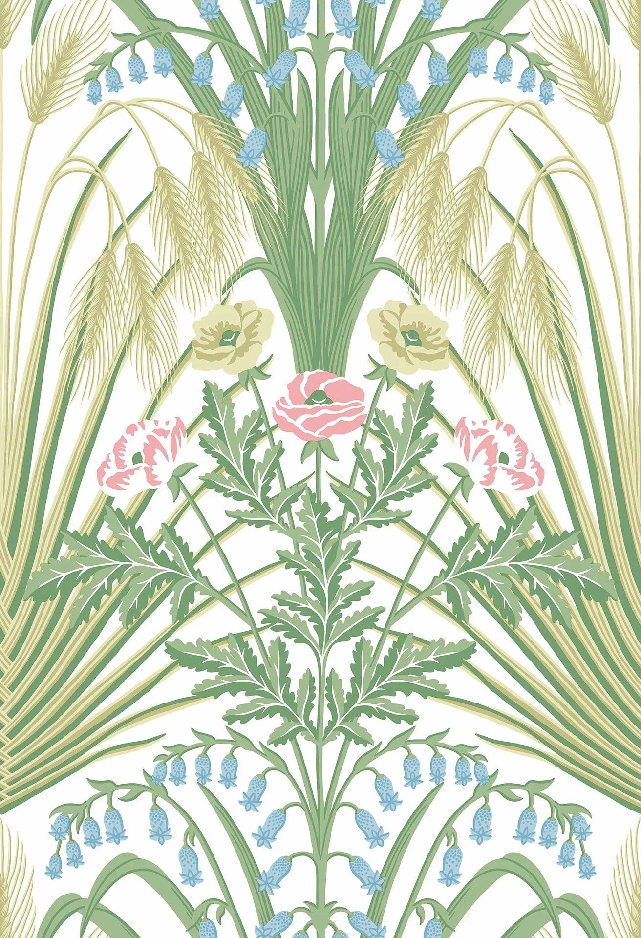 Tapete mit pflanzlichem Motiv aus Blättern und Blumen BOTANICAL BOTANICA - Blaubell blau auf weiß