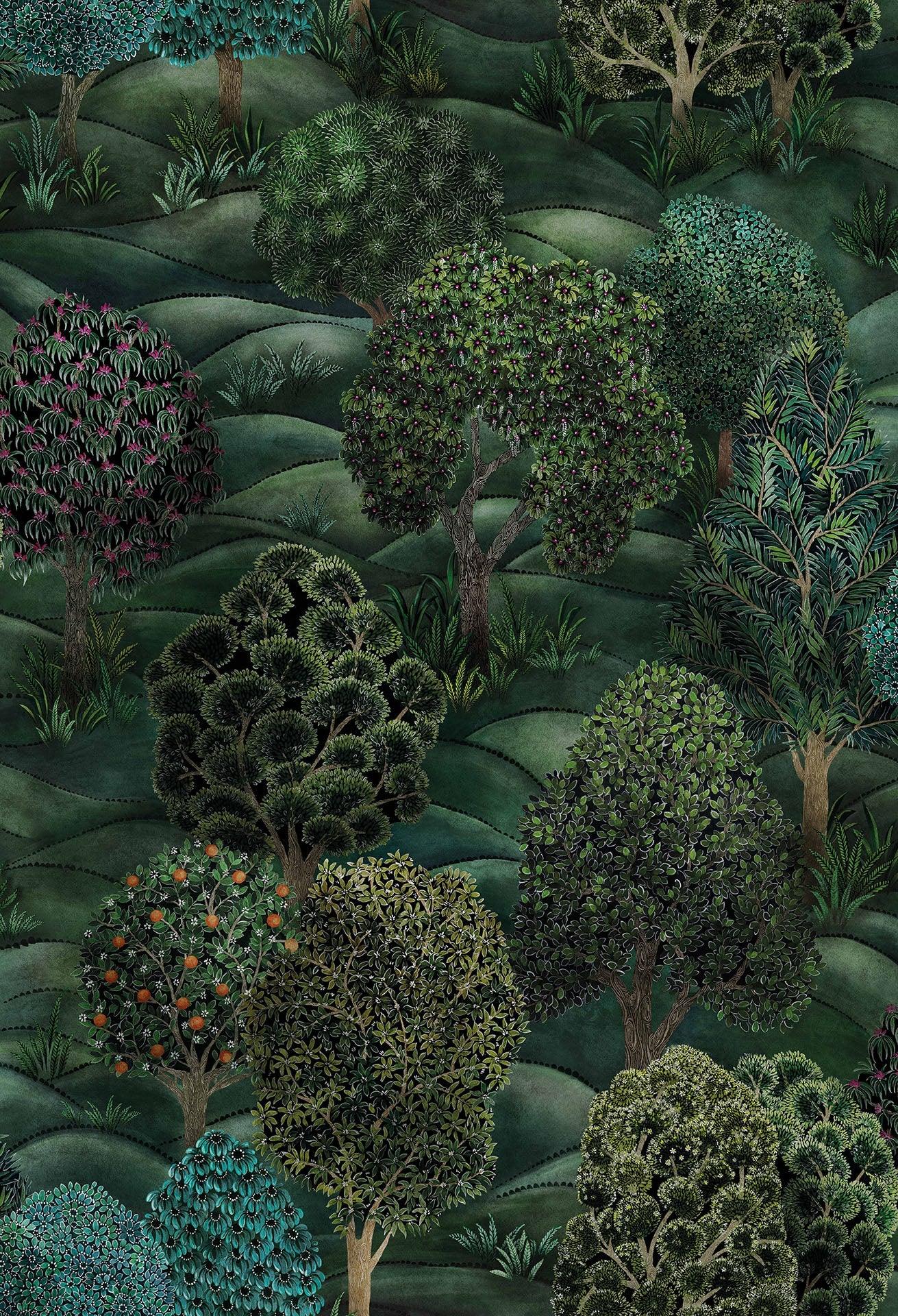 Tapete mit pflanzlichem Motiv magischer Wald BOTANICAL BOTANICA - Dunkelgrün