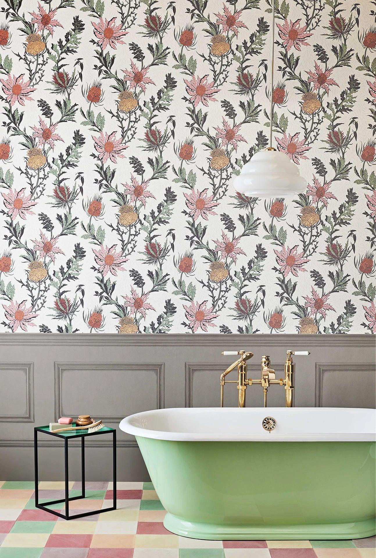 Botanical Wallpaper with Floral and Leaf Motif - Purple Thistle