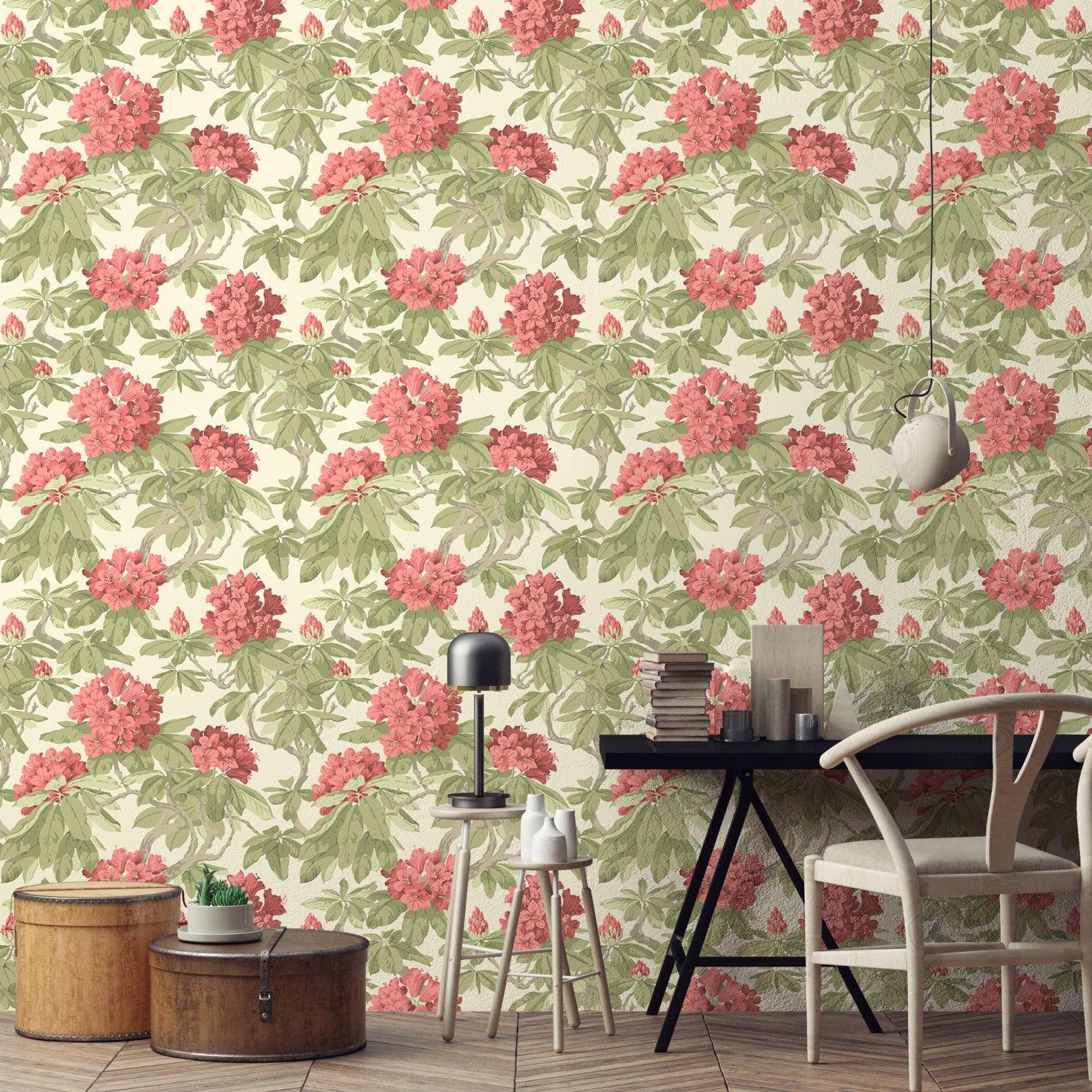 Tapete mit pflanzlichem Motiv von Blumen und Blättern FOLIE - Bourlie Weiß auf Grün