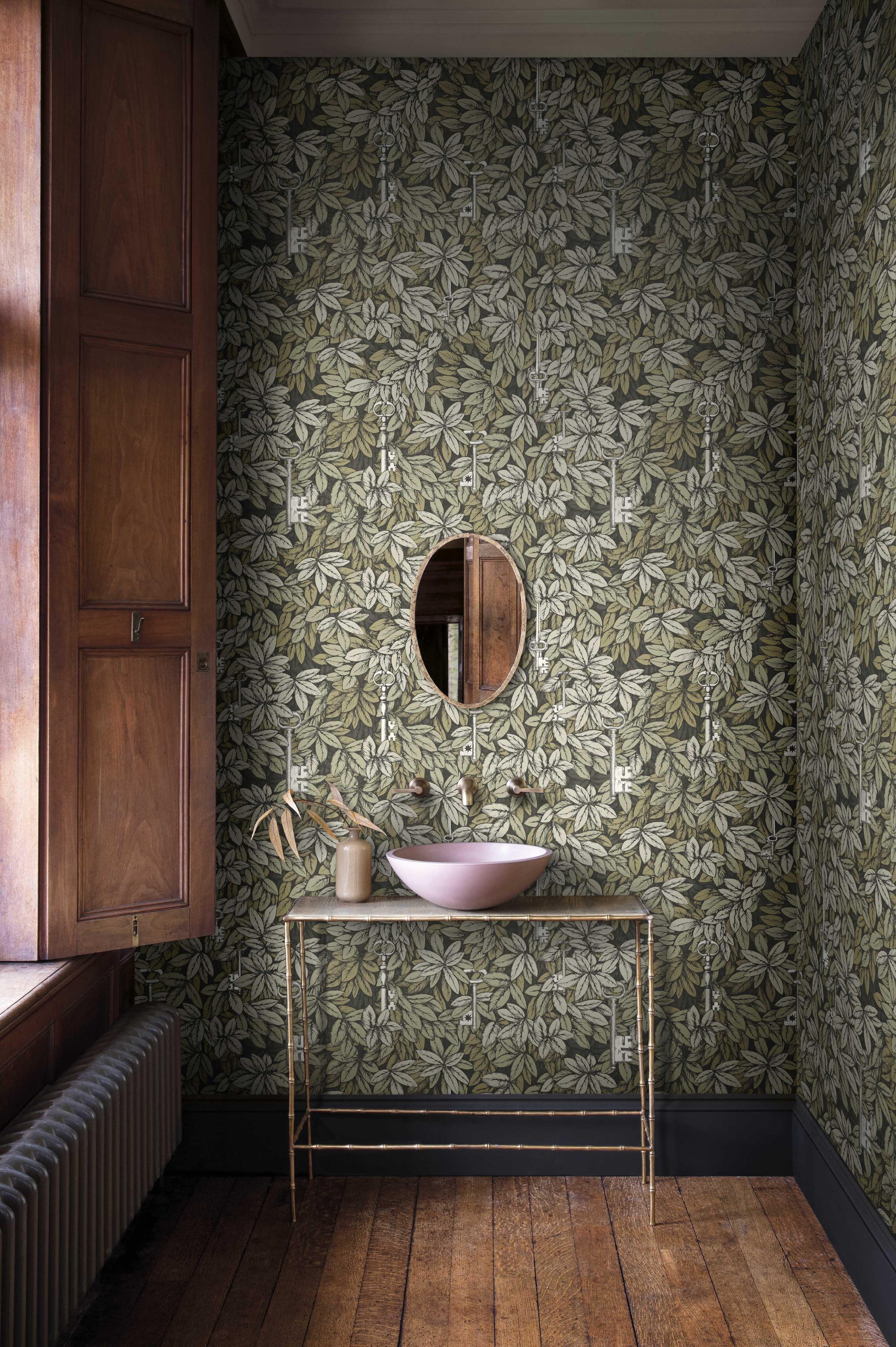 Wallpaper with a plant motif of leaves and keys FORNASETTI - Secret Keys autumn leaves