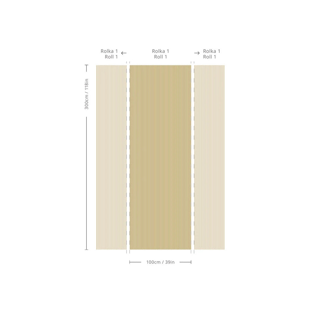 Wallpaper with a geometric striped pattern STRIPE MEADOW MUSTARD mustard with gray