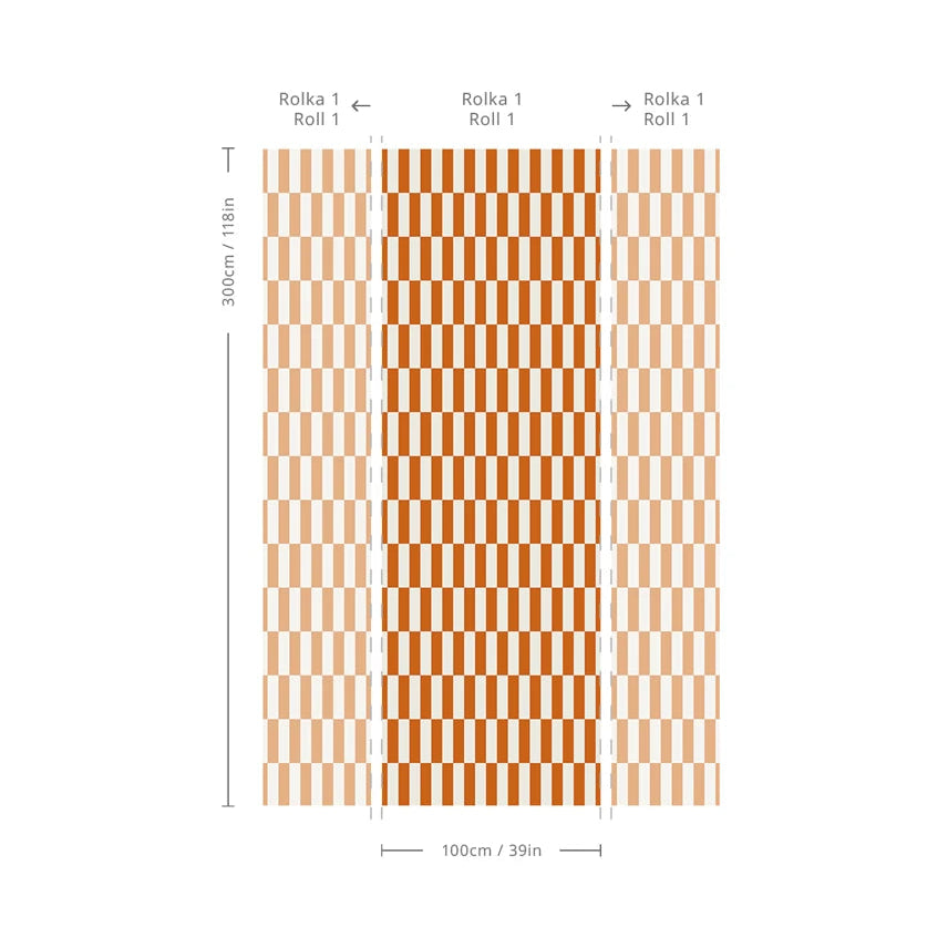 Non-woven wallpaper with a geometric pattern TETRIS STRIPE terracotta