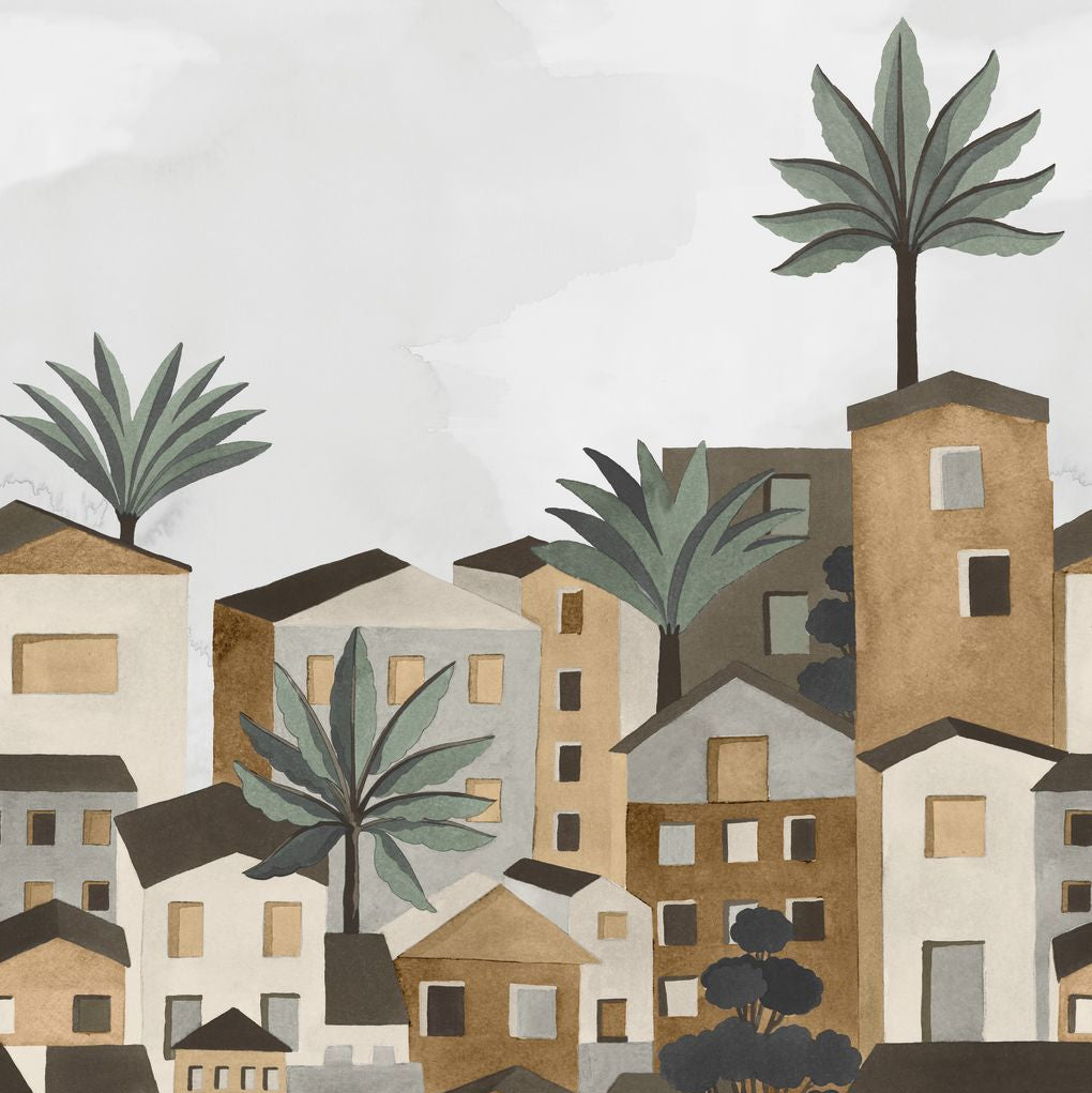 Mural with an urban landscape of VILA VIELA INT buildings - GRAY/BROWN