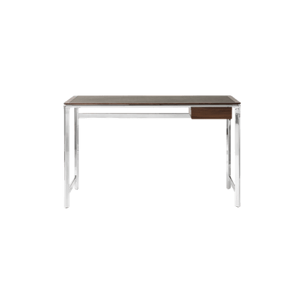 Schreibtisch STUDIO grüner Lederoberfläche mit Nussbaumrahmen und Aluminiumfuß