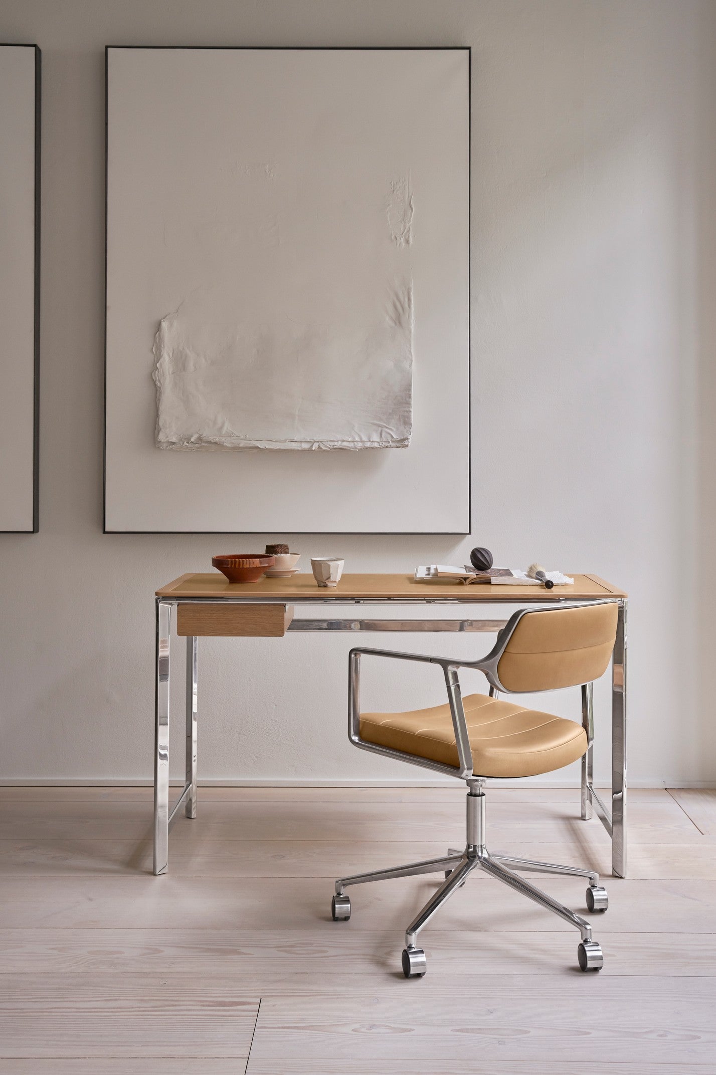 STUDIO Desk with Camel Leather Top, Oak Frame, and Aluminum Base