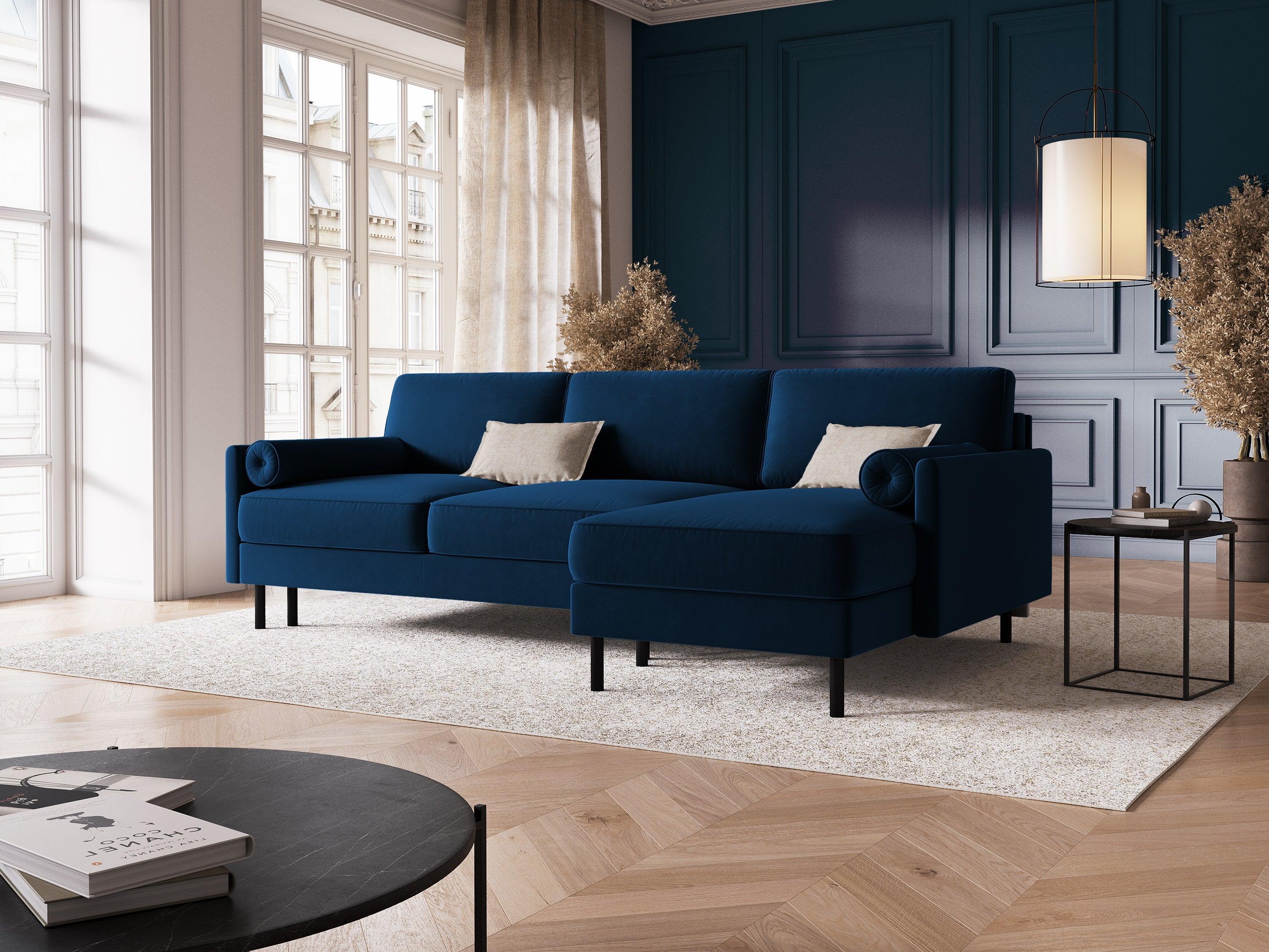 Narożnik aksamitny prawostronny z funkcją spania SCOTT granat królewski Micadoni    Eye on Design