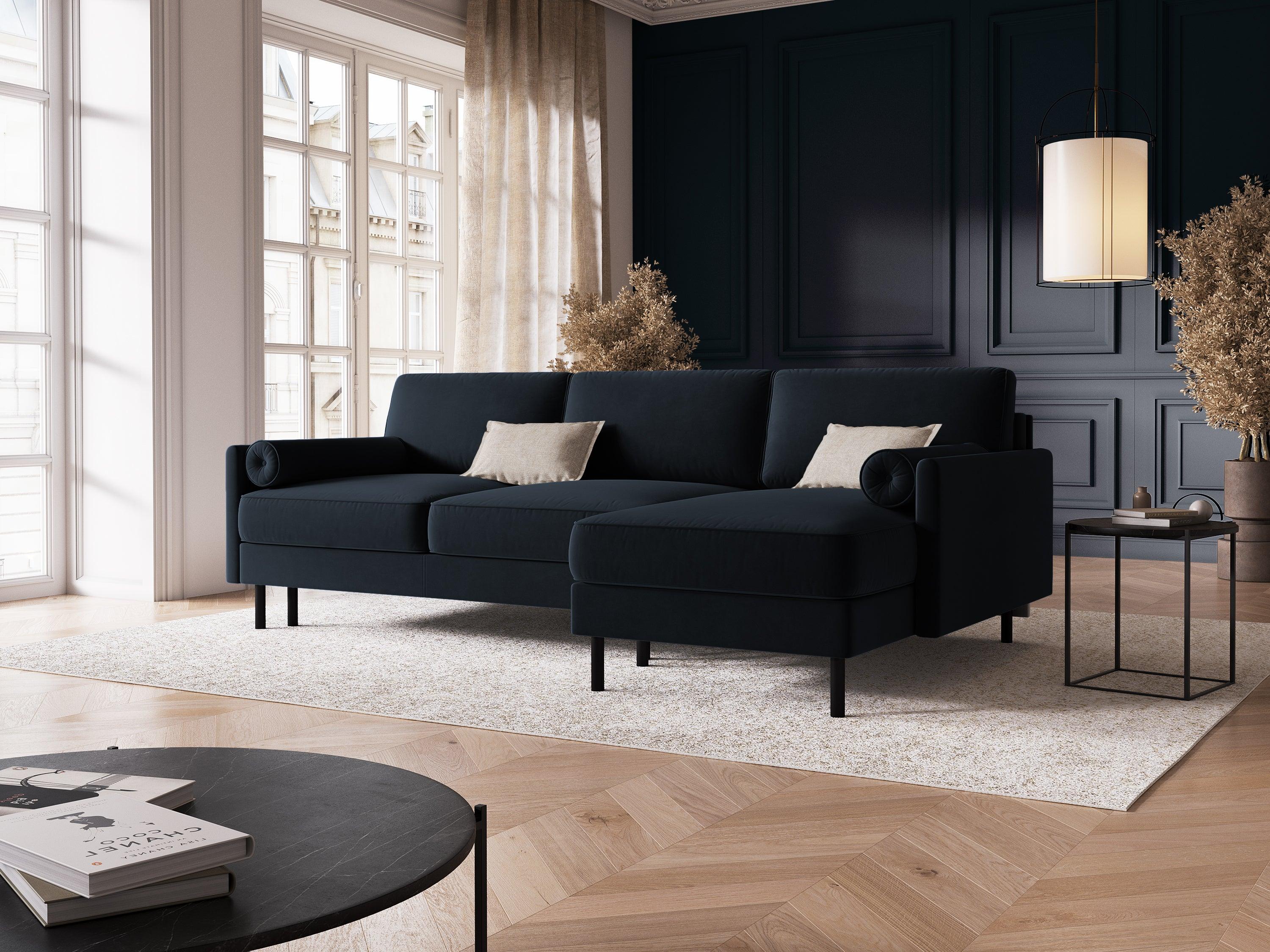 Narożnik aksamitny prawostronny z funkcją spania SCOTT ciemnoniebieski Micadoni    Eye on Design